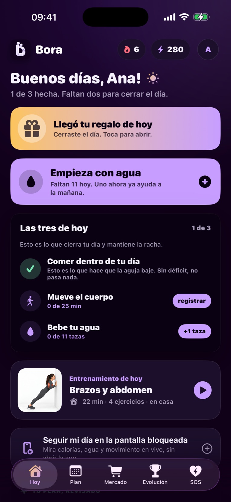 Pantallas de Bora: las tres de hoy, foto del plato, entrenadora con IA y entrenamiento