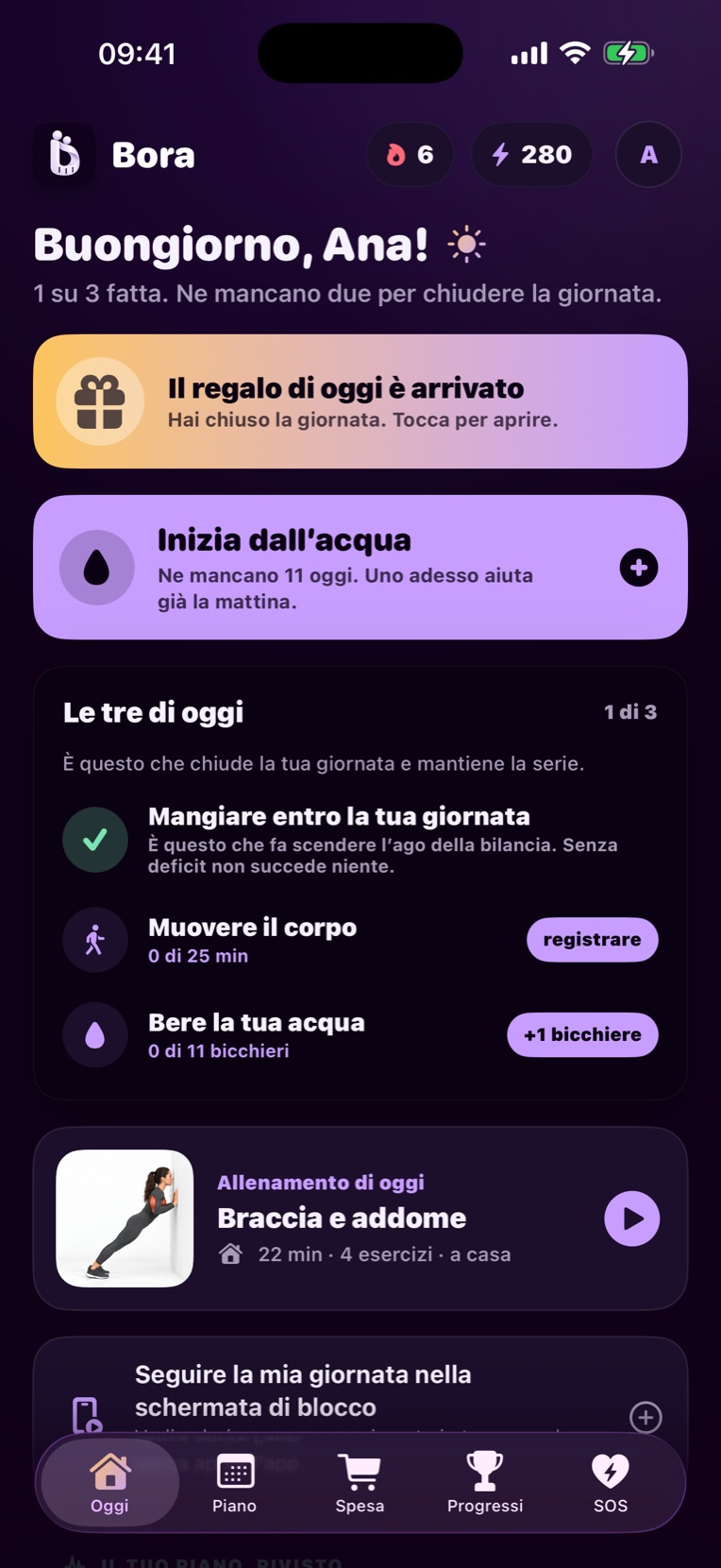 Schermate di Bora: le tre di oggi, foto del piatto, allenatrice IA e allenamento