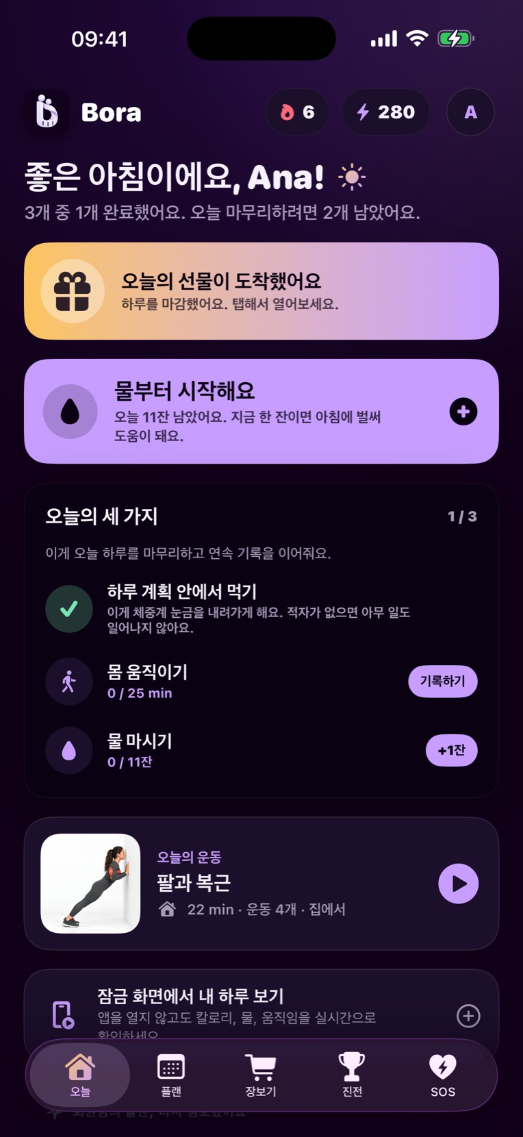 Bora 화면: 오늘의 세 가지, 접시 사진, AI 코치, 운동