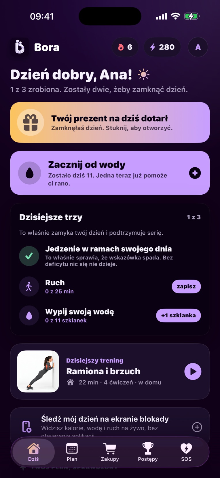 Ekrany Bory: trzy na dziś, zdjęcie talerza, trenerka AI i trening
