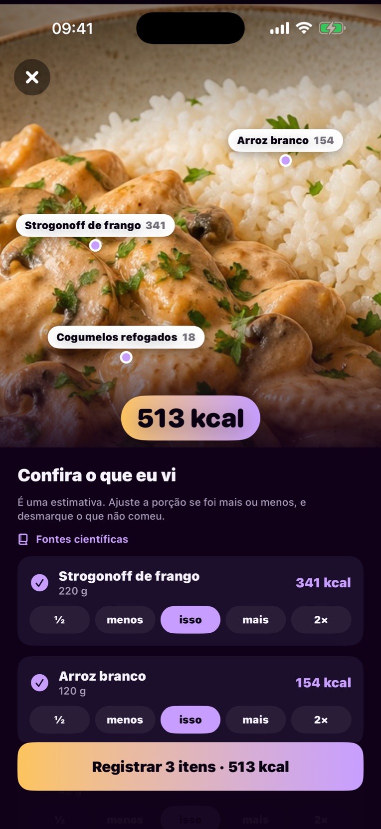 Tela da foto do prato com as calorias de cada alimento
