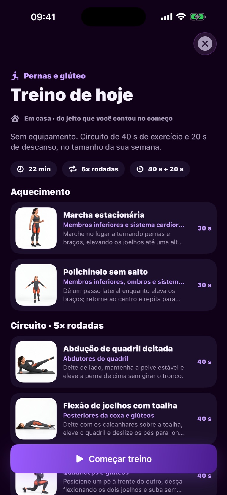 Tela do treino de hoje em casa
