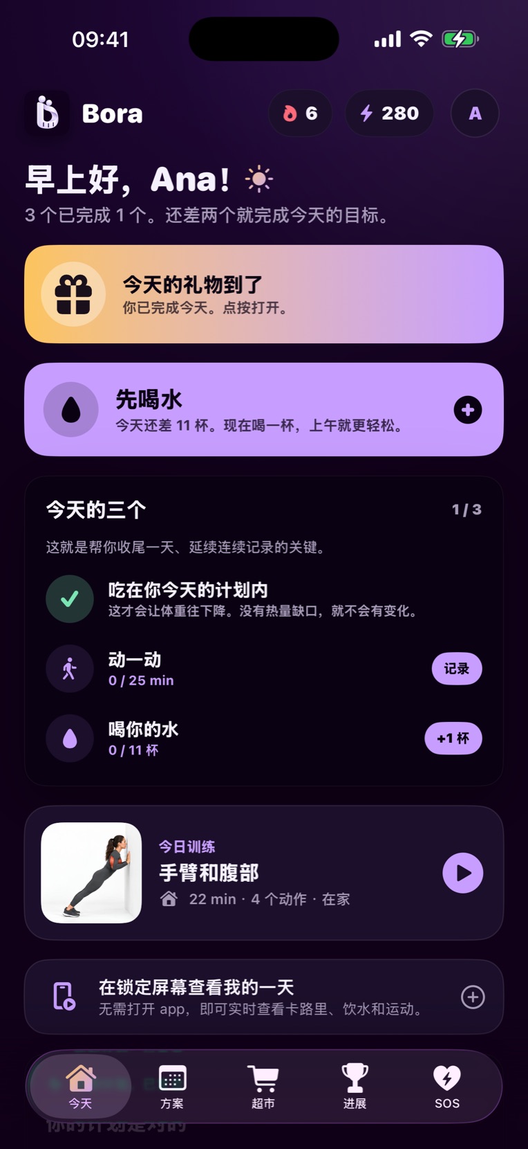 Bora 界面：今天的三个、餐盘照片、AI 教练和训练